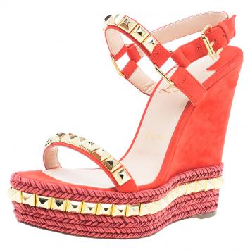 Pre Owned Christian Louboutin Orange Studded Leather and Suede Cataclou Espadrille Wedge Sandals Size 37