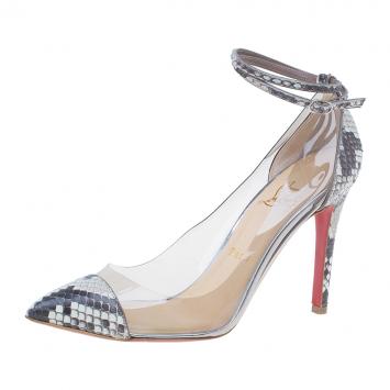 Pre Owned Christian Louboutin Grey Python and PVC Pigalle Un Bout Ankle Strap Pumps Size 37