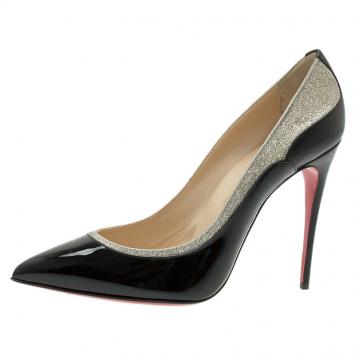 Pre Owned Christian Louboutin Black Patent and Glitter Tucsick Pointed Toe Pumps Size 41