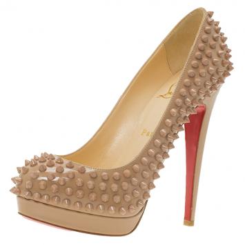 Pre Owned Christian Louboutin Beige Patent Alti Spikes Platform Pumps Size 37.5