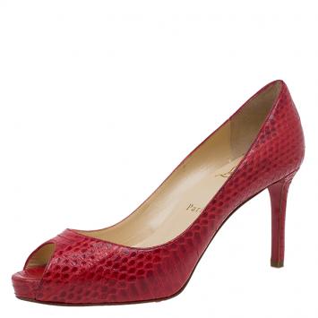 Pre Owned Christian Louboutin Red Watersnake No Matter Peep Toe Pumps Size 38