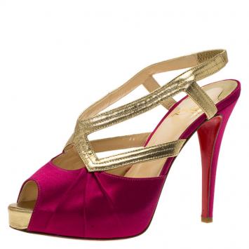 Pre Owned Christian Louboutin Fuschia Satin and Leather Angela Slingback Sandals Size 38