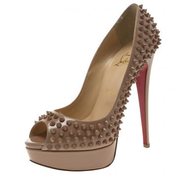 Pre Owned Christian Louboutin Beige Patent Leather Lady Peep Toe Spike Platform Pumps Size 38