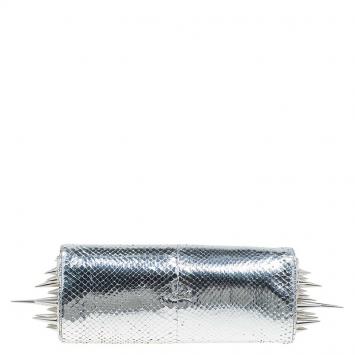 Pre Owned Christian Louboutin Silver Python Marquise Spiked Clutch