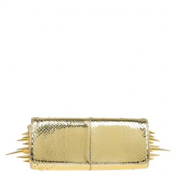 Pre Owned Christian Louboutin Gold Python Marquise Spiked Clutch