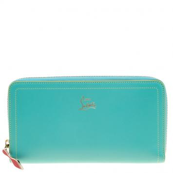Pre Owned Christian Louboutin Turquoise Leather Zip Around Agenda Wallet