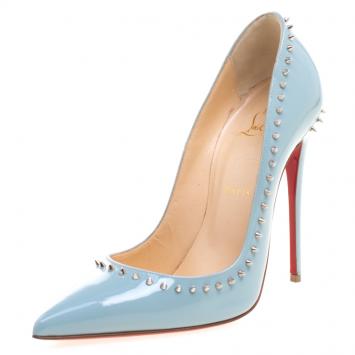 Pre Owned Christian Louboutin Grey Studded Patent Leather Anjalina Pumps Size 38