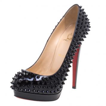 Pre Owned Christian Louboutin Black Patent Leather Lady Peep Toe Spike Platform Pumps Size 39