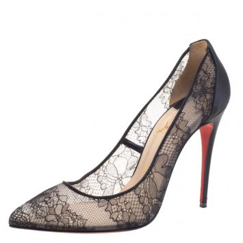 Pre Owned Christian Louboutin Black Satin and Lace Pigalace Pointed Toe Pumps Size 38