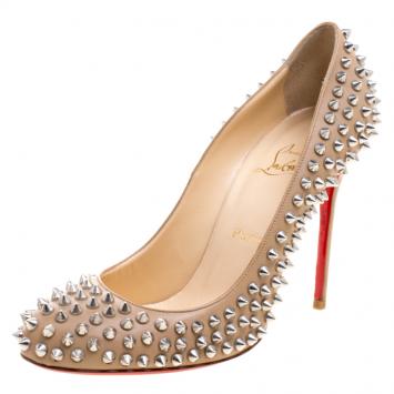 Pre Owned Christian Louboutin Beige Leather Fifi Spike Pumps Size 39