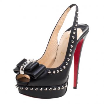Pre Owned Christian Louboutin Black Spike Leather Lady Clou Platform Slingback Sandals Size 40
