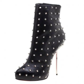 Pre Owned Christian Louboutin Black Leather Lipspikes Ankle Boots Size 40