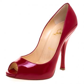 Pre Owned Christian Louboutin Red Patent Leather Maryl Peep Toe Pumps Size 38