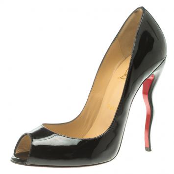Pre Owned Christian Louboutin Black Patent Leather Jolly Wavy Heel Peep Toe Pumps Size 39