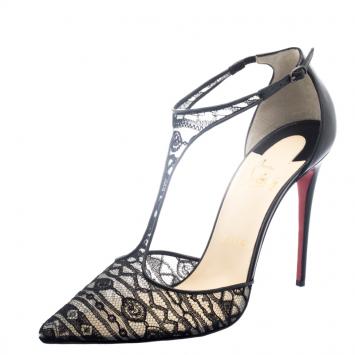 Pre Owned Christian Louboutin Black Lace T-Strap Salonu Sandals Size 40.5