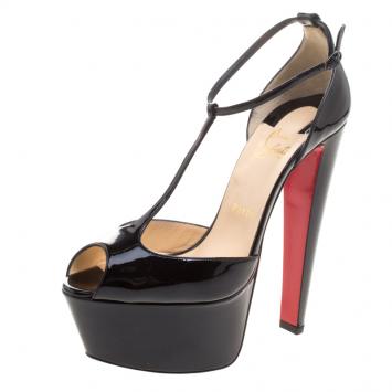Pre Owned Christian Louboutin Black Patent  Nencheritza T Strap Platform Sandals Size 39.5