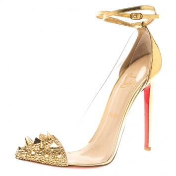 Pre Owned Christian Louboutin Gold Spike Embellished Metallic Leather and PVC Just Picks Ankle Strap Sandals Size 38.5