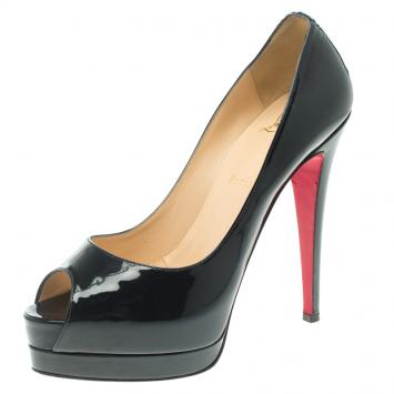Pre Owned Christian Louboutin Dark Blue Patent Leather Altadama Peep Toe Platform Pumps Size 39