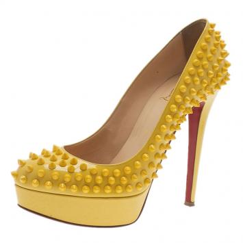 Pre Owned Christian Louboutin Yellow Patent Leather Bianca Spiked Platform Pumps Size 38.5
