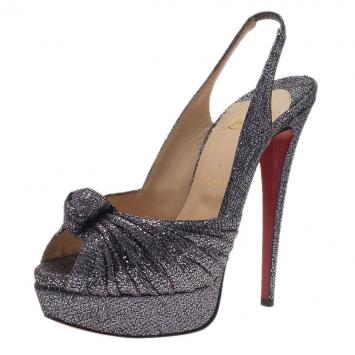 Pre Owned Christian Louboutin Black Glittered Jenny Platform Slingback Sandals Size 39