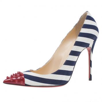 Pre Owned Christian Louboutin Blue Geo Striped Spike Pumps Size 39