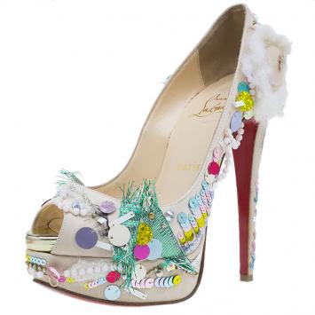 Pre Owned Christian Louboutin Satin 'Make Up Trash' Lady Peep Toe Platform Pumps Size 36