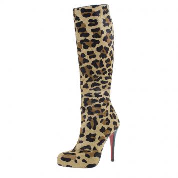 Pre Owned Christian Louboutin Leopard Pony Hair Fifi Botta Knee Boots Size 37