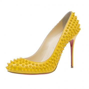 Pre Owned Christian Louboutin Yellow Patent Fifi Spike Pumps Size 40.5