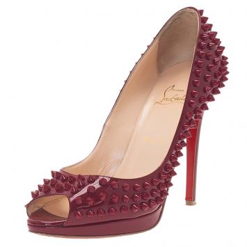 Pre Owned Christian Louboutin Maroon Patent Yolanda Spikes Peep Toe Pumps Size 39