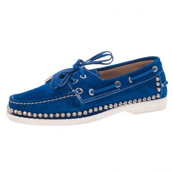 Pre Owned Christian Louboutin Blue Suede Steckel Spike Boat Loafers Size 37.5