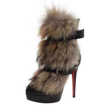 Pre Owned Christian Louboutin Black Leather Toundra Coyote Fur Trimmed Ankle Boots Size 40.5