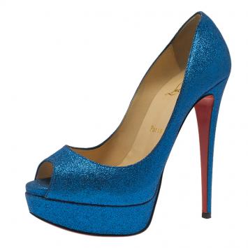 Pre Owned Christian Louboutin Blue Glitter Mini Lady Peep 150 Pumps Size 38 