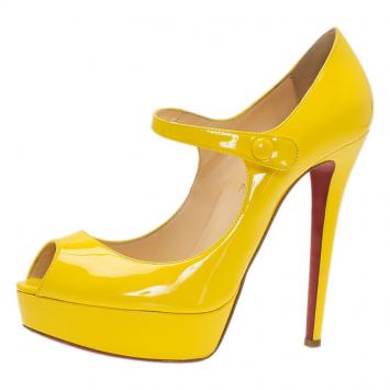 Pre Owned Christian Louboutin Yellow Patent Iowa Zeppa Peep Toe Mary Jane Pumps Size 40