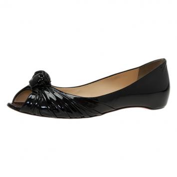 Pre Owned Christian Louboutin Black Patent Leather Turban Peep Toe Ballet Flats Size 39.5
