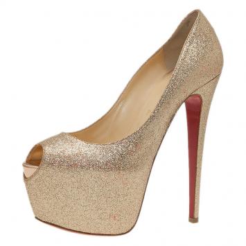 Pre Owned Christian Louboutin Gold Glitter Lady Peep Pumps Size 39.5