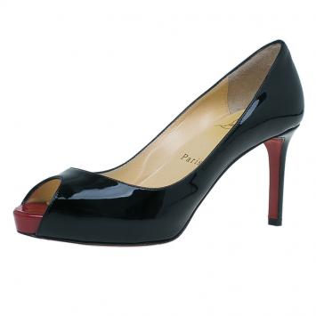 Pre Owned Christian Louboutin Black Patent No Matter Peep Toe Pumps Size 35
