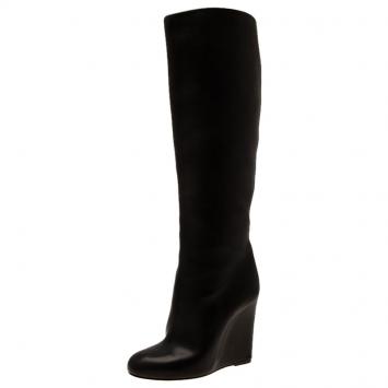 Pre Owned Christian Louboutin Black Leather Zepita Tall Wedges Boots Size 38.5