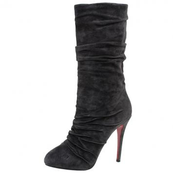 Pre Owned Christian Louboutin Grey Pleated Suede Prios Mid Calf Boots Size 39.5 