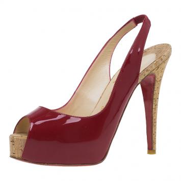 Pre Owned Christian Louboutin Red Patent So Private Slingback Cork Sandals Size 37.5