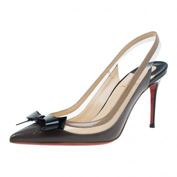 Pre Owned Christian Louboutin Grey and Beige Patent Suspenodo Slingback Sandals Size 37.5