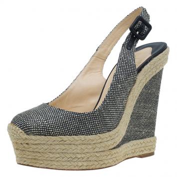 Pre Owned Christian Louboutin Black Dotted Canvas and Espadrille Slingback Wedges Size 39