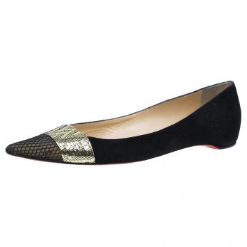 Pre Owned Christian Louboutin Black / Gold Suede Gladiator Ballet Flats Size 39