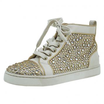 Pre Owned Christian Louboutin Cream Strass Embellished Leather High Top Sneakers Size 36