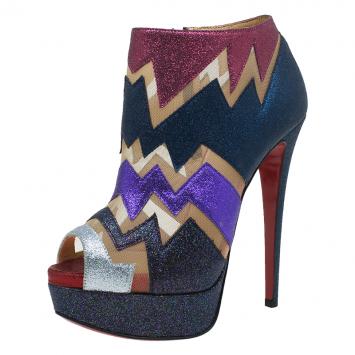 Pre Owned Christian Louboutin Mutlicolor Glitter Ziggy Peep Toe Ankle Booties Size 36