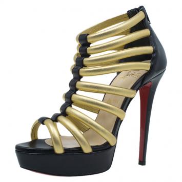 Pre Owned Christian Louboutin Black and Gold Leather Romaine Platform Sandals Size 38.5