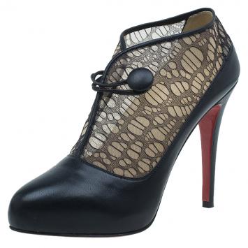 Pre Owned Christian Louboutin Black Leather and Lace Clic Clac Ankle Boots Size 38