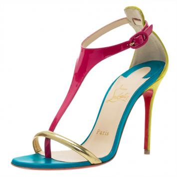 Pre Owned Christian Louboutin Tri Color Leather Athena Sandals Size 36.5