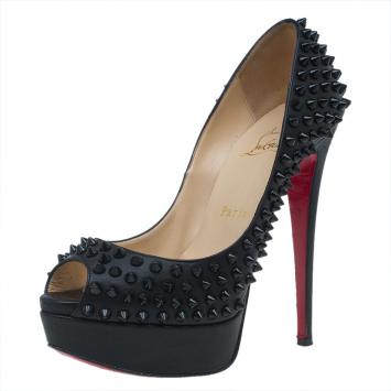 Pre Owned Christian Louboutin Black Leather Lady Peep Spike Platform Pumps Size 37