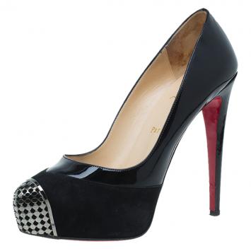 Pre Owned Christian Louboutin Black Patent Leather and Suede Maggie Pumps Size 39.5