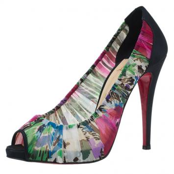Pre Owned Christian Louboutin Floral Crepe Satin Zeppa Peep Toe Pumps Size 40